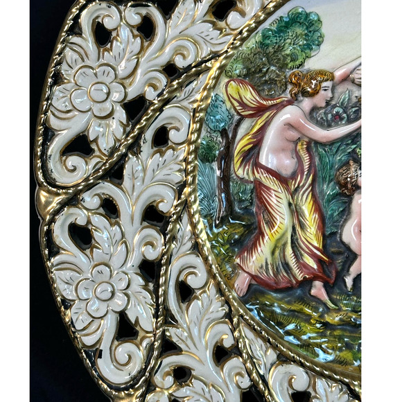 Capodimonte Hand Painted Raised Relief Gilded Signed Numbered Plate 13.5" Italy - Picture 3 of 12